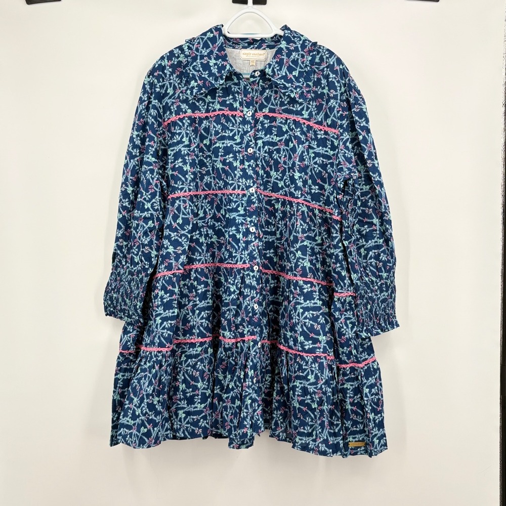 Simply Southern Allie Ribbon Bow Tiered Mini Dress Navy Blue Pink XXL NEW